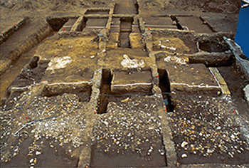 下野薬師寺跡再建の塔跡の発掘調査（南から）
